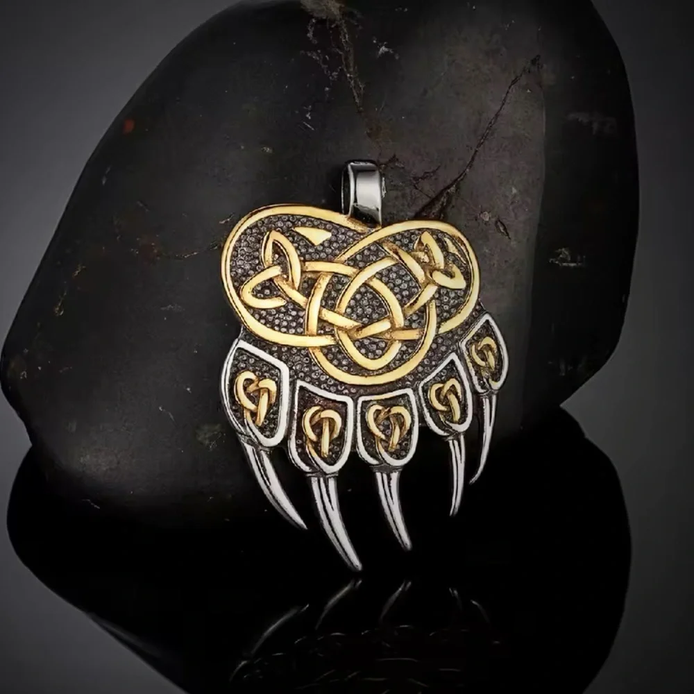 18K White & Gold Bear Claw Viking Celtic Pendant Necklace Witch Biker Unisex.